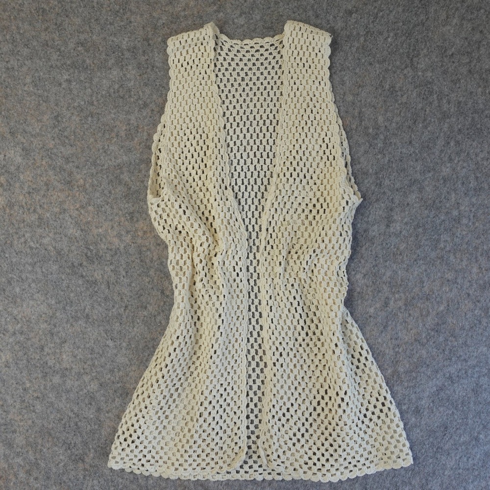 Vintage 70s Handmade Vest Womens M Cream Crochet Long Open Front‎ Boho Hippie